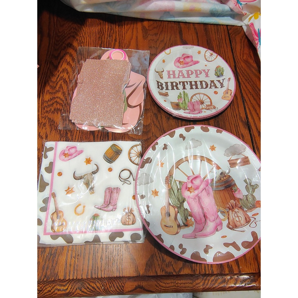 Western Cowgirl Birthday Party Supplies Set Pink Boots Hat Plates Napkins Decor
